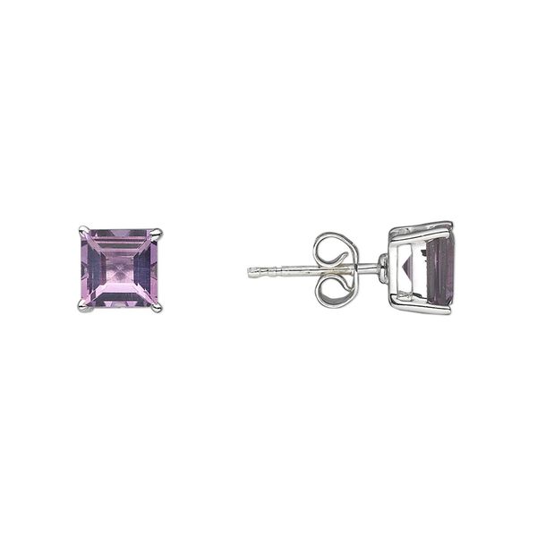 Earstud, amethyst (natural) and sterling silver, 7mm with 6mm faceted square and post. Sold per pair. image number 0