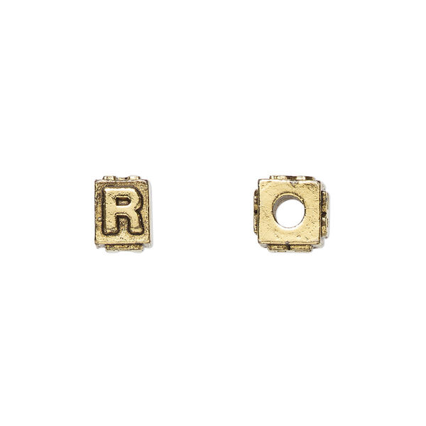Bead, antique gold-plated pewter (tin-based alloy), 8x6mm rectangle with alphabet letter "R." Sold per pkg of 4. image number 0