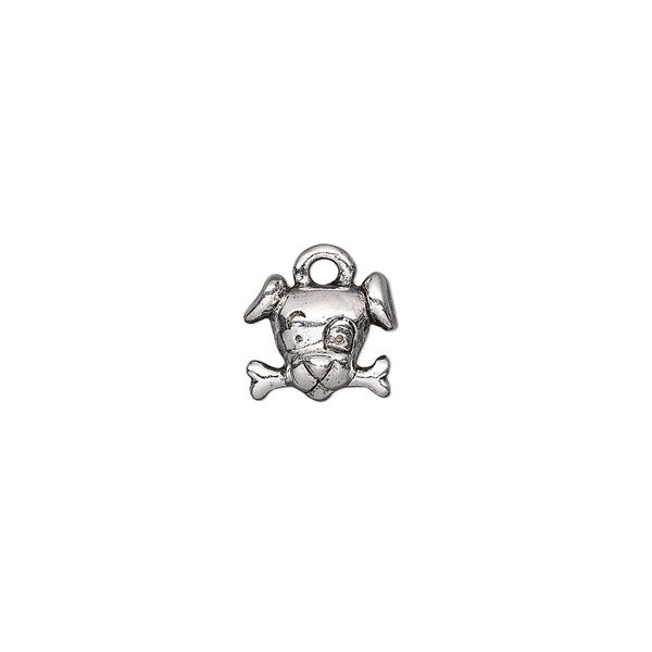 Charm, antique silver-plated pewter (tin-based alloy), 11x9mm single-sided dog head with bone. Sold per pkg of 2. image number 0