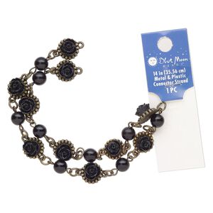 Bracelet component, acrylic / antique brass-finished "pewter" (zinc-based alloy) / steel, black, 12mm wide, 14 inches. Sold individually.