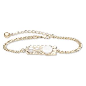 Bracelet, resin / plastic pearl / gold-finished steel / "pewter" (zinc-based alloy), white, 28x12mm freeform, 7 inches with 2-inch extender chain and lobster claw clasp. Sold individually.