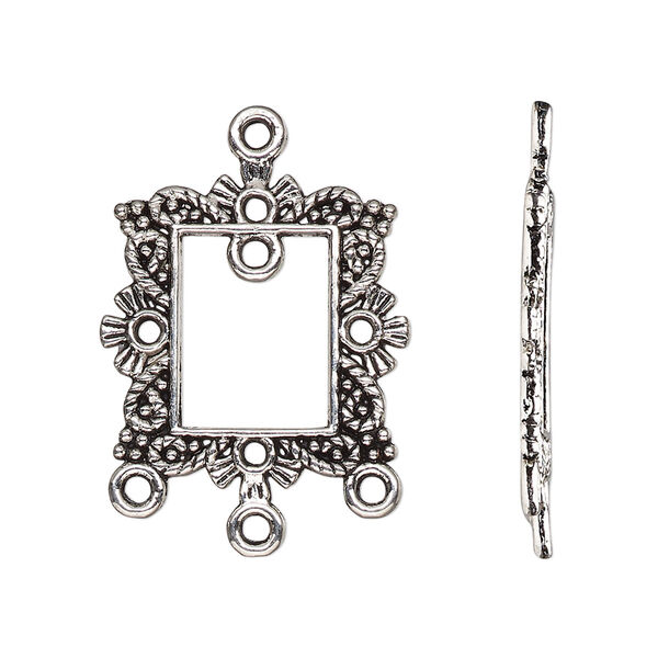 Drop, antique silver-finished "pewter" (zinc-based alloy), 23x21mm single-sided open rectangle frame with fancy beaded design and 4 closed loops. Sold per pkg of 10. image number 0