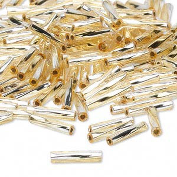 Bead, Miyuki, bugle bead, glass, pkg/250 g, 12x2.7mm center-drilled twisted, silver-lined translucent light gold/clear (TW-3931). image number 0