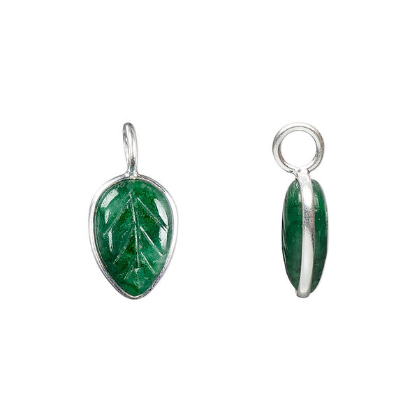 Drop, sterling silver and emerald (oiled), 14x9.5mm carved leaf. Sold individually. image number 0