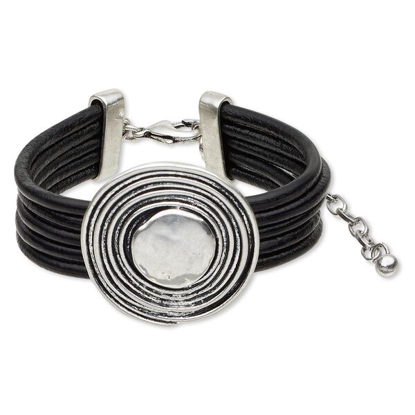 Bracelet, 5-strand, leather (dyed) and antique silver-finished "pewter" (zinc-based alloy), black, 19mm wide with 35mm spiral round, 6-1/2 inches with 3-inch extender chain and lobster claw clasp. Sold individually. image number 0