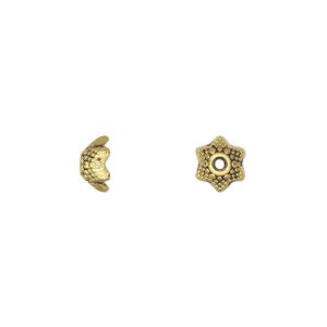 Bead cap, antique gold-finished "pewter" (zinc-based alloy), 7.5x4mm flower, fits 5-8mm round bead. Sold per pkg of 20.