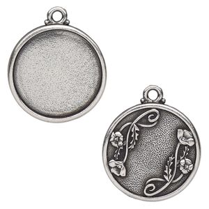Drop, TierraCast®, antique silver-plated pewter (tin-based alloy), 29mm round with poppy design, 25.5mm cabochon setting. Sold individually