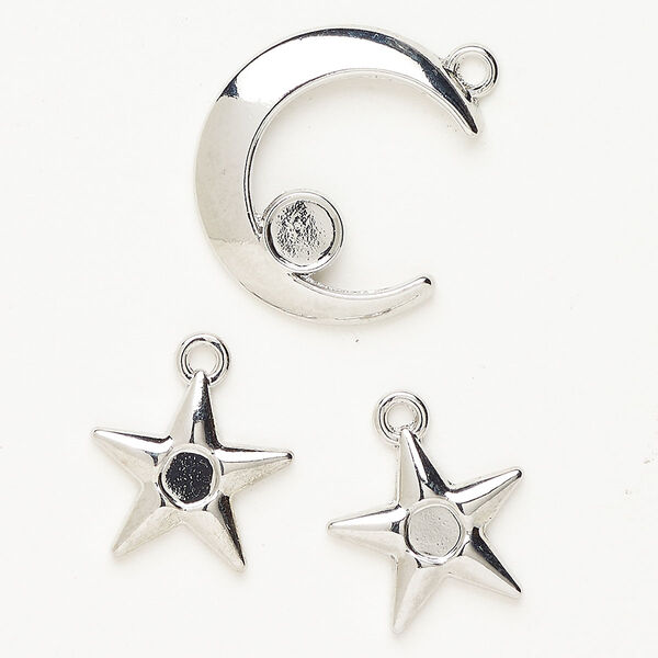 Charm assortment "pewter" (zinc-based alloy) 1pkg3 22x20mm moon / 15x14mm star, antique silver finish image number 0