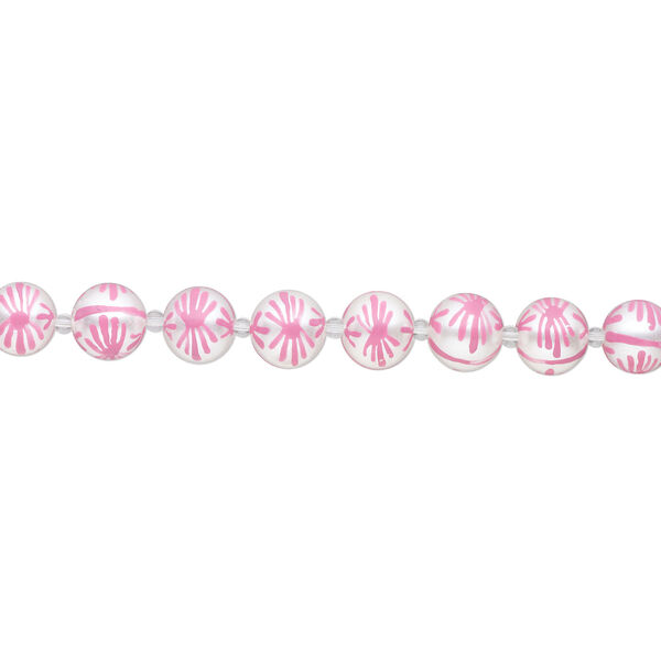Bead, glass 1pkg8, opaque white and pink, 16mm hand-painted round. image number 1