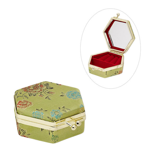 Box, polyester / velveteen / gold-finished steel, green / red / multicolored, 2-3/4 x 2-3/4 x 1-1/4 inch hinged hexagon with floral design and mirror. Sold individually. image number 0