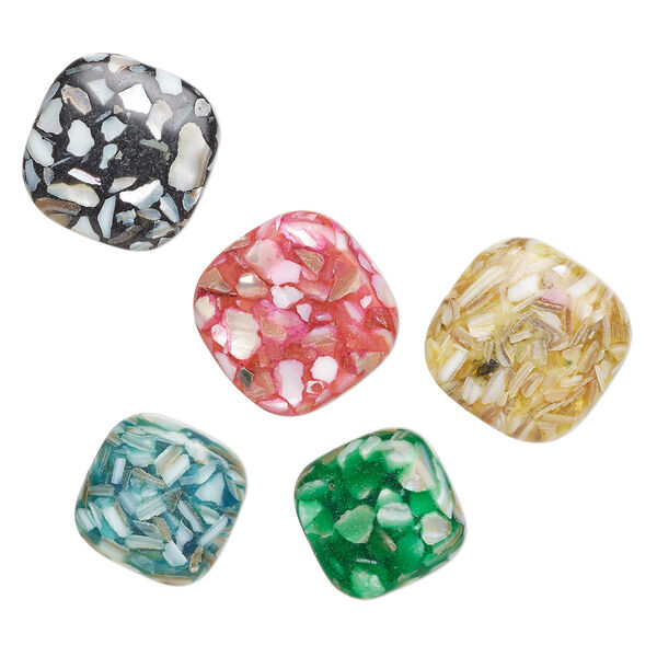 Bead, mother-of-pearl shell (assembled) and resin, multicolored, 25-30mm rounded square, Mohs hardness 3-1/2. Sold per pkg of 5. image number 0