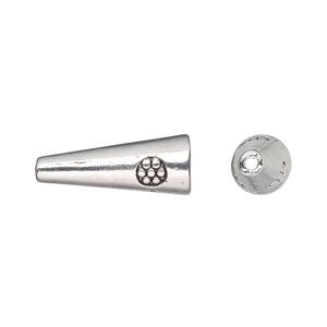 Cone, antique silver-plated "pewter" (zinc-based alloy), 21x8mm with flower design, 6mm inside diameter. Sold per pkg of 20.