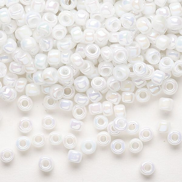 Seed bead, Dyna-Mites™, glass, opaque rainbow white, #6 round. Sold per 40-gram pkg. image number 0