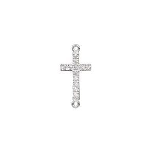 Link, sterling silver and cubic zirconia, clear, 11x7.5mm single-sided cross. Sold individually.