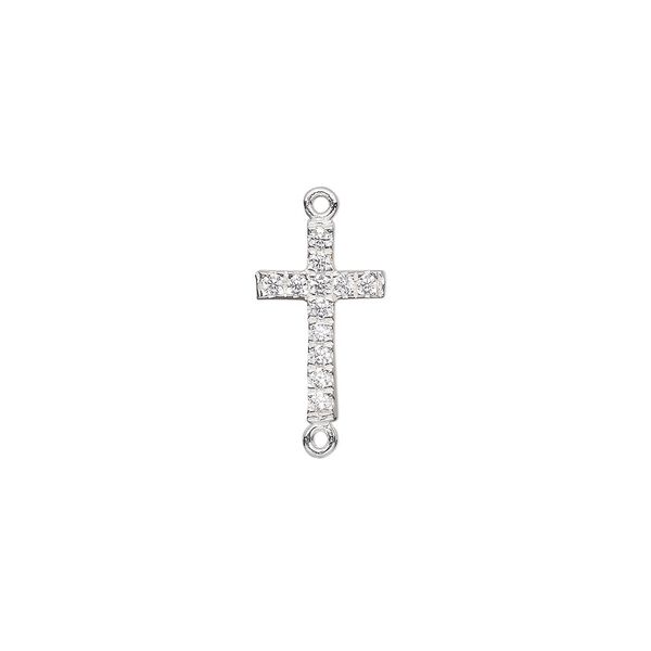 Link, sterling silver and cubic zirconia, clear, 11x7.5mm single-sided cross. Sold individually. image number 0
