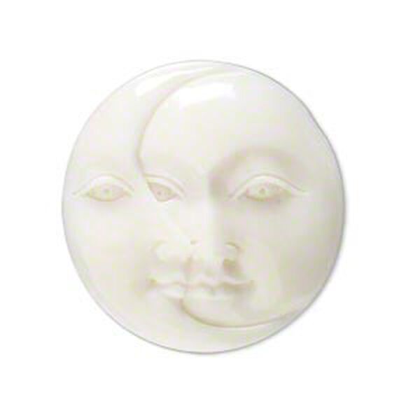 Embellishment, bone (bleached), white, 29-31mm hand-carved single-sided undrilled moon face and crescent moon face, Mohs hardness 2-1/2. Sold individually. image number 0