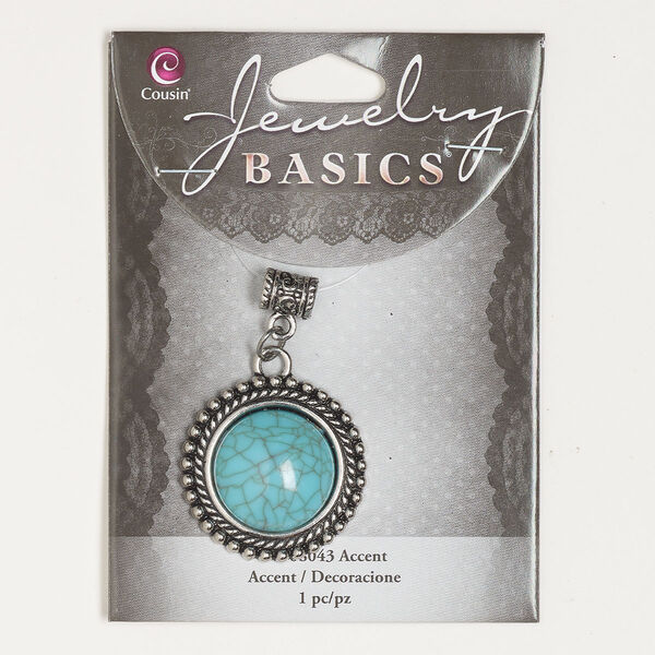 Pendant, antique silver-finished "pewter" (zinc-based alloy) and resin, turquoise blue, 30mm beaded round. Sold individually. image number 0