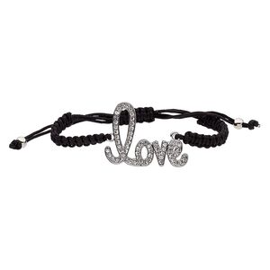 Bracelet, nylon / glass rhinestone / silver-finished "pewter" (zinc-based alloy), black and clear, 31mm wide with 41x31mm "love," adjustable from 6-9 inches with macramé knot closure. Sold individually.