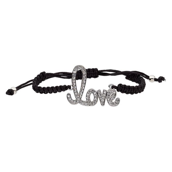 Bracelet, nylon / glass rhinestone / silver-finished "pewter" (zinc-based alloy), black and clear, 31mm wide with 41x31mm "love," adjustable from 6-9 inches with macramé knot closure. Sold individually. image number 0