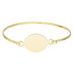 Bracelet component, bangle, gold-finished brass and "pewter" (zinc-based alloy), 20.5mm wide with 24x20mm oval flat pad setting, 8 inches. Sold individually.