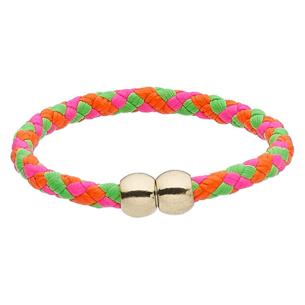 Bracelet, imitation leather with gold-finished "pewter" (zinc-based alloy), neon pink / neon green / neon orange, 6mm wide braided round, 6-1/2 inches with magnetic clasp. Sold individually. image number 0