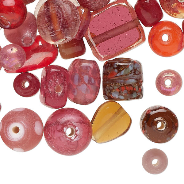 Bead mix, lampworked glass, opaque and translucent multi-red, 6x5mm-14x12mm mixed shapes. Sold per 3-ounce pkg, approximately 95 beads. image number 0