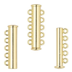 Clasp magnetic slide lock 1pkg2 "pewter" (zinc alloy), 28x6.5mm tube, gold-finished 5-strand