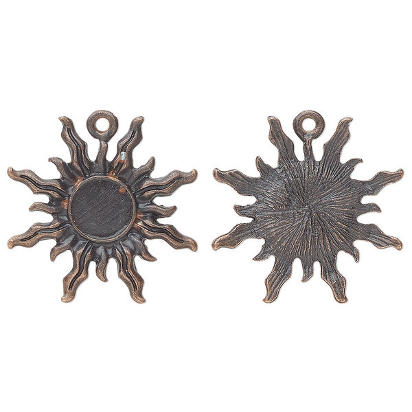 Drop, glue-in, antique copper-finished "pewter" (zinc-based alloy), 27mm single-sided sun with 8mm round setting. Sold per pkg of 4. image number 0