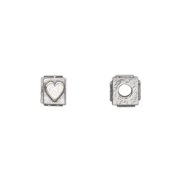 Bead, antiqued pewter (tin-based alloy), 8x6mm rectangle with heart. Sold per pkg of 4. image number 0