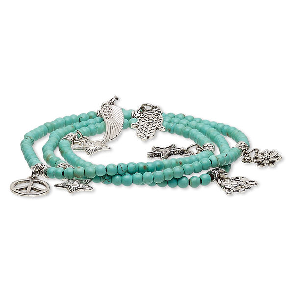 Bracelet, stretch wrap, magnesite (dyed / stabilized) and antique silver-plated "pewter" (zinc-based alloy), blue, 8 inches. Sold individually. image number 0