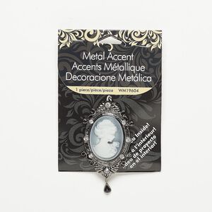 Focal, acrylic / glass rhinestone / gunmetal-finished "pewter" (zinc-based alloy), black / white / clear, 65x35mm oval with cameo design. Sold individually.