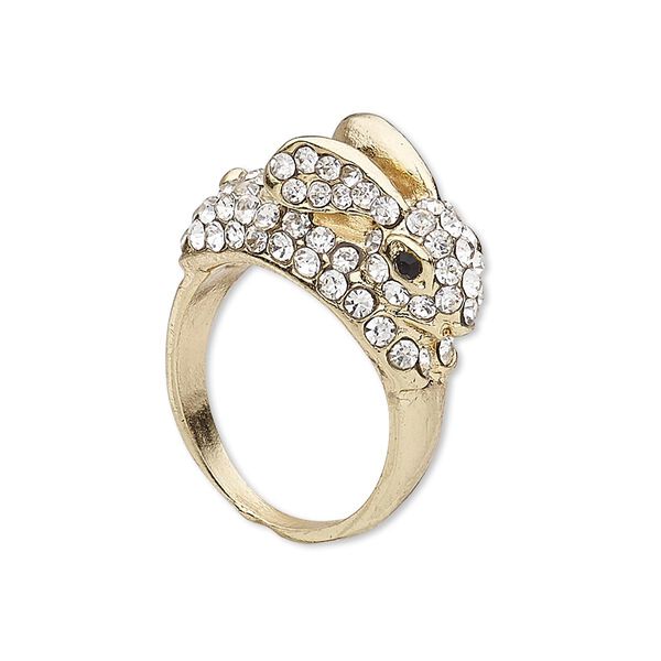 Ring, glass rhinestone and gold-finished "pewter" (zinc-based alloy), clear and black, 11mm wide with 20x11mm bunny, size 7-1/2. Sold individually. image number 0