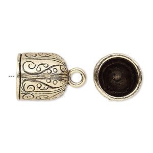 Cord end, glue-in, antique gold-plated pewter (tin-based alloy), 15x13.5mm bell with swirl design, 11mm inside diameter. Sold individually.