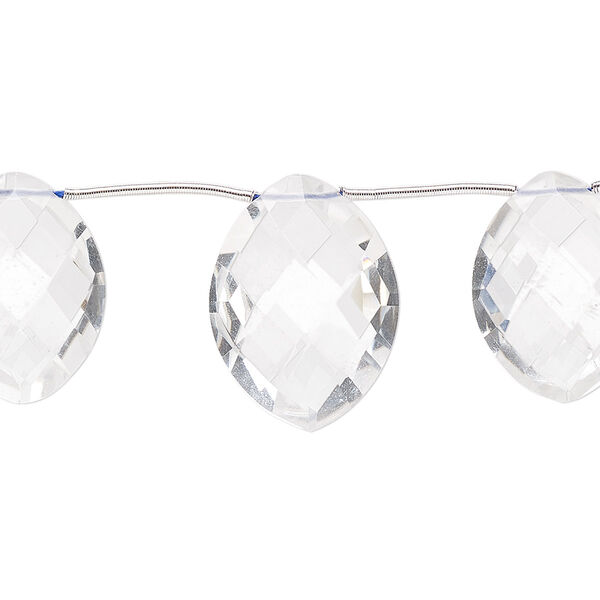 Bead, quartz crystal (natural), 18x14mm and 20x15mm hand-cut top-drilled faceted flat marquise, B grade, Mohs hardness 7. Sold per pkg of 3 beads. image number 0