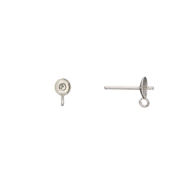 Earstud, sterling silver, 4mm cup with peg and open loop, fits 4-6mm half-drilled bead. Sold per pair. image number 0