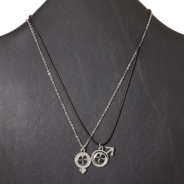 Necklace, rhodium-finished "pewter" (zinc-based alloy) / enamel / glass rhinestone / leather (dyed), black and clear, 20x15mm male symbol with clover and "LOVE" and 20x16mm female symbol with clover, 15" to 16" necklace with lobster claw clasp and 3-inch extender chain. Sold per 2-piece set. image number 0