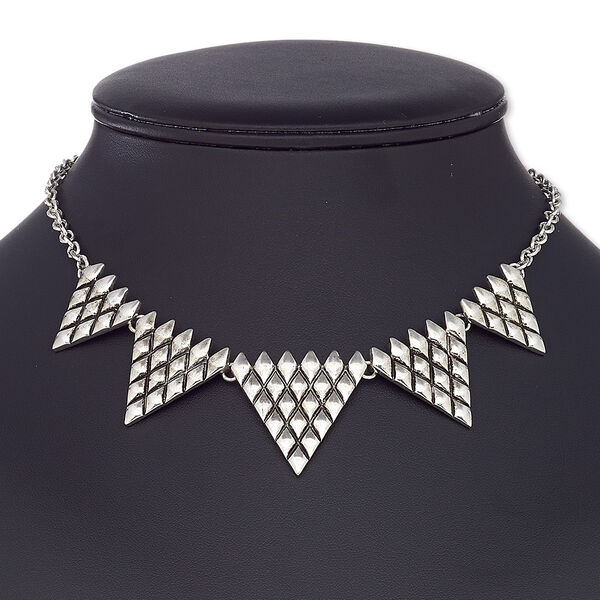 Necklace, antique silver-coated plastic with antique silver-plated steel and "pewter" (zinc-based alloy), 24x24x21mm-34x34x31mm graduated triangle, 16 inches with 2-1/2 inch extender chain and lobster claw clasp. Sold individually. image number 0