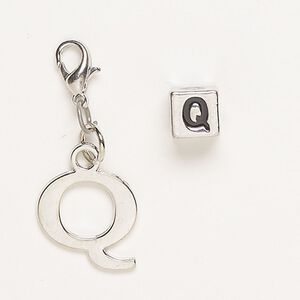 Charm and bead, "pewter" (zinc-based alloy)/steel/enamel, pkg/2, antique silver finish and black, 16x15mm "Q" with lobster claw clasp and 7mm cube with "Q".