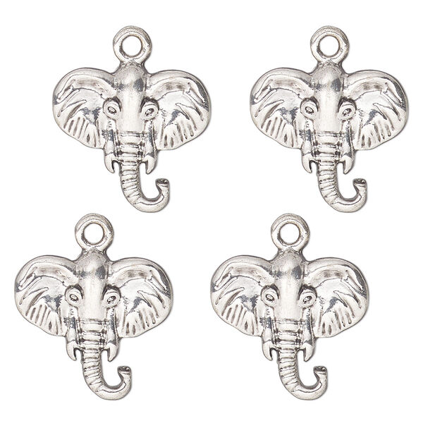 Charm, antique silver-finished "pewter" (zinc-based alloy) , 17mm single-sided elephant head. Sold per pkg of 4. image number 0
