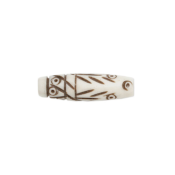 Bead, bone (dyed), antiqued brown, 24x6mm-24x8mm hand-cut carved hairpipe with lines and dots design, Mohs hardness 2-1/2. Sold per pkg of 20. image number 0