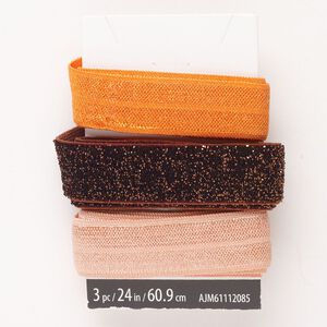 Ribbon assortment, nylon and elastic, pkg/(3) 24 inches, brown with sparkles/orange/peach, 16mm flat.