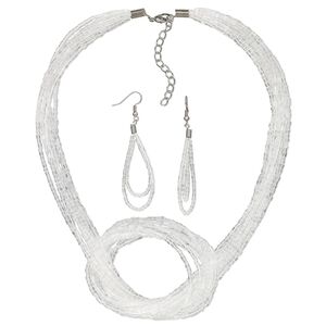 Necklace and earring set, Everyday Jewelry,  imitation rhodium-plated-steel and glass, clear, 16-inches with 2-inch extender chain, 3-inch earrings with fishhook ear wires, 19 gauge. Sold per set.
