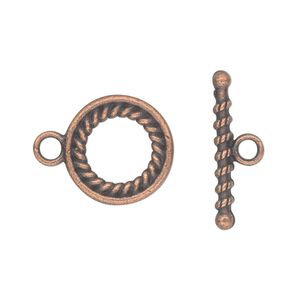 Clasp toggle 1pkg10 copper-plated "pewter" (zinc alloy), 16mm double-sided round, antique 1-strand