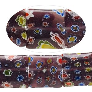 Bead, millefiori glass, translucent dark plum and multicolored, 16mm puffed square. Sold per 15-inch strand, approximately 25 beads.