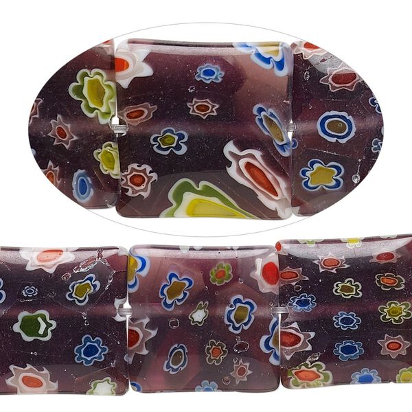 Bead, millefiori glass, translucent dark plum and multicolored, 16mm puffed square. Sold per 15-inch strand, approximately 25 beads. image number 0