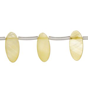 Bead, mother-of-pearl shell (dyed), yellow, 15x5mm-16x7mm top-drilled flat oval, Mohs hardness 3-1/2. Sold per 15-inch strand, approximately 25 beads.