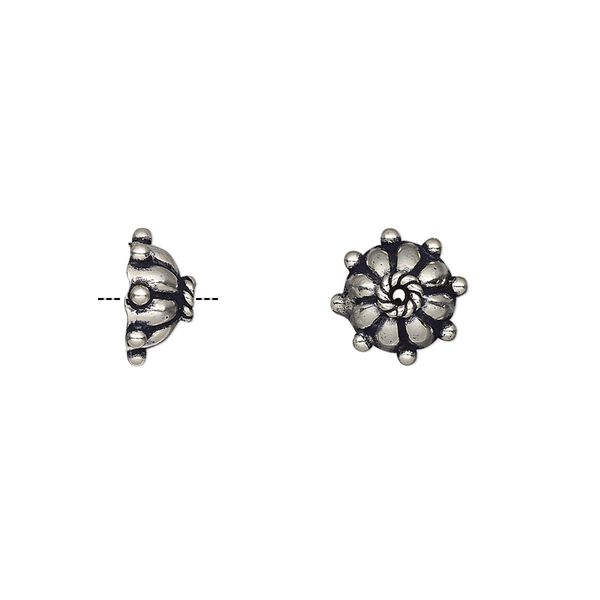 Bead cap, antiqued sterling silver, 10x4.5mm round with dots, fits 6-8mm bead. Sold per pkg of 2. image number 0