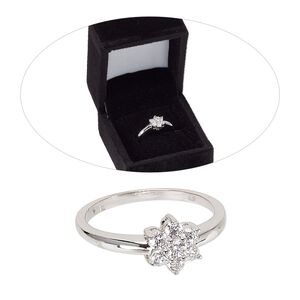 Ring, cubic zirconia and rhodium-finished brass, clear, 8.5mm flower, size 8. Sold individually.