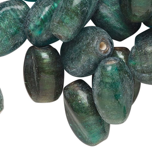 Bead, lampworked glass, translucent peridot green, 18x13mm-19x15mm flat oval with copper-colored glitter. Sold per pkg of 25. image number 0