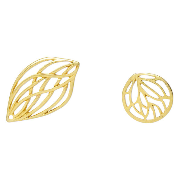 Focal, gold-finished "pewter" (zinc-based alloy), 18mm matte round and 32x19mm matte leaf with cutout weave design. Sold per pkg of 12. image number 1